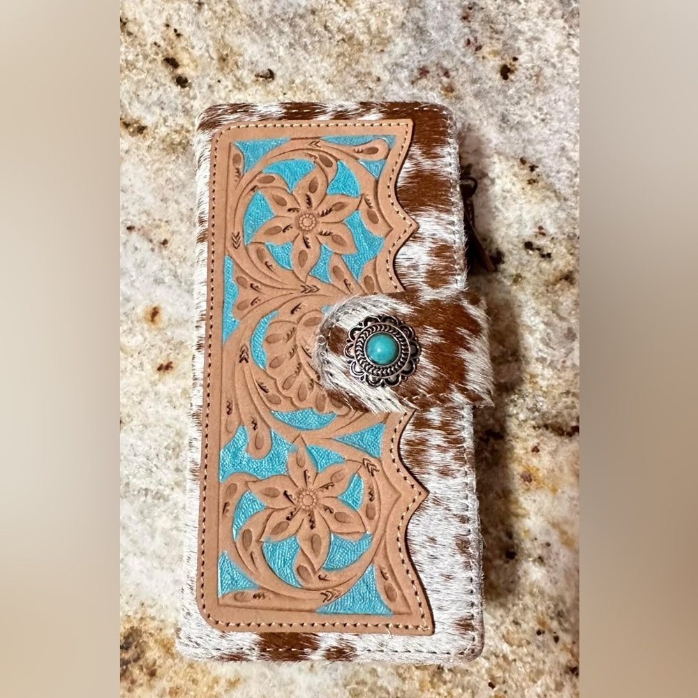 Authentic cowhide and turquoise leather wallet $70